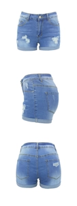 Dreiseitenansicht hellblauer Ripped-Denim-Shorts mit umgeschlagenem Saum und Details