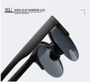 Detail of black cat-eye sunglasses featuring non-slip mirror legs and sturdy metal hinges