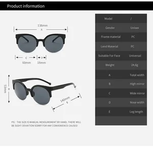 Detailed size chart for retro cat eye sunglasses showing PC frame and lens measurements
