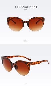 Detailed front and side views of vintage leopard print cat-eye semi-rimless sunglasses