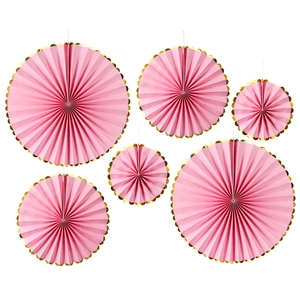 Set of 6 pink paper fan decorations with scalloped gold foil edges for party backgrounds