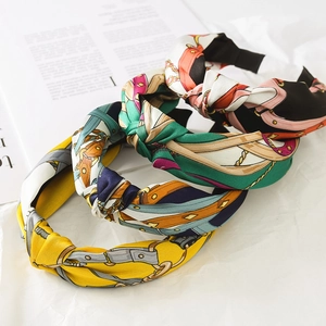 Vintage Chain Print Satin Wide Knot Headband Retro Fashion Twisted Hairband Accessories For Women Girls Headwear