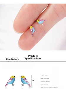 Detail showing colorful enamel bird earrings with 8mm height and 0.8g weight specifications