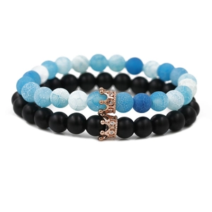 Natural Stone Beaded Bracelet With Copper Zircon Crown Charm Elastic Wristband For Men Women Couple Jewelry