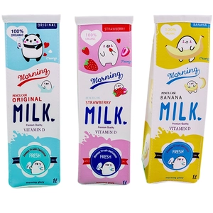 Three creative milk carton pencil cases in blue pink and yellow colors for students