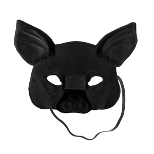 Detail of black fabric pig half mask with elastic strap and textured finish for parties