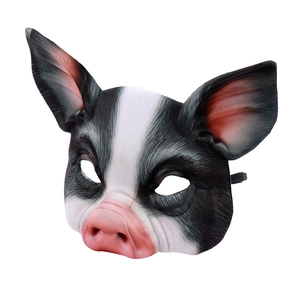 Detailed view of realistic pig mask showing pink snout and faux fur texture on white background
