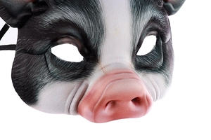 Detailed close-up of a fabric pig mask with digital printing and black elastic strap