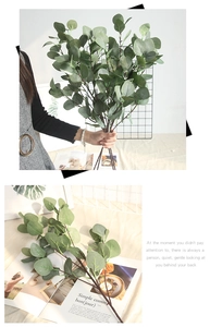 Detail of grey-green artificial eucalyptus branches with natural frosty texture on desk