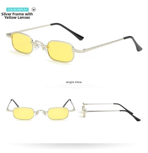 Three-angle view of silver metal square sunglasses with yellow transparent lenses