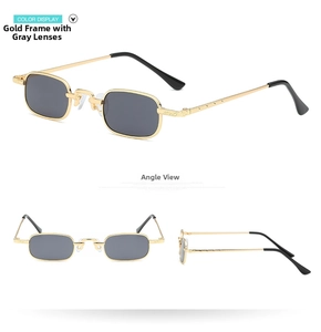Three-angle view of retro square metal sunglasses with gold frames and grey lenses