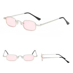 Retro small square sunglasses with silver metal frame and pink lenses from three angles