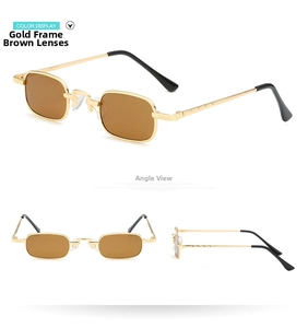 Detail view of gold metal square sunglasses with brown lenses from three different angles