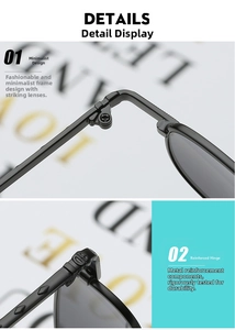 Detail of square sunglasses showing reinforced metal hinges and smooth black frame finish