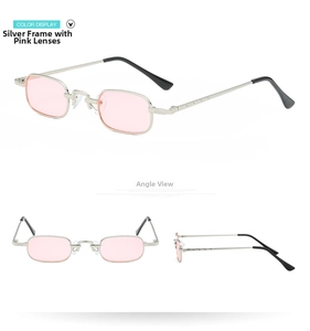 Silver square metal frames with pink lenses shown from front and side view angles