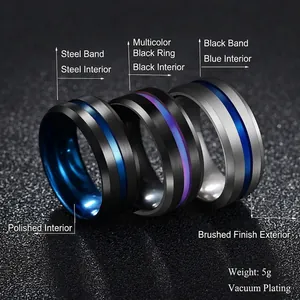 Classic 8mm brushed titanium steel ring with colored groove and polished inner band