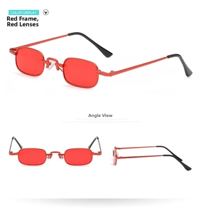 Macro view of retro red metal square sunglasses with slim frame and red lenses