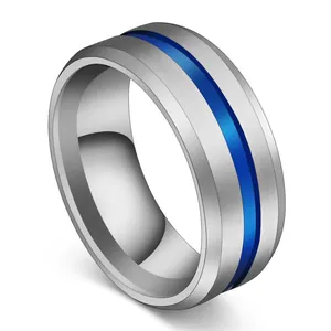 Classic 8mm brushed silver stainless steel ring with a deep blue center groove