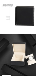 Detail of premium black PU leather watch box with white stitching and soft beige lining