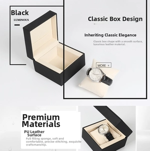 Macro detail of black PU leather watch box featuring soft cream velvet interior lining