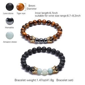 Lava stone and tiger eye bead bracelet set with gold crown zircon accents for men