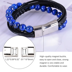 Detailed close-up of layered leather bracelet with blue lapis beads and magnetic clasp