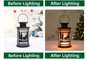 Comparison of black Christmas lantern with reindeer silhouette before and after lighting