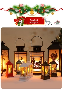 Close-up of Christmas lanterns with warm LED candles and reindeer hollow patterns