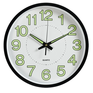 Modern 12-inch luminous quartz wall clock with black frame and green Arabic numerals