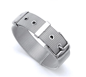 Detail of silver stainless steel mesh bracelet with adjustable belt buckle strap