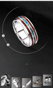 Detailed view of polished titanium steel ring featuring an abalone shell inlay design