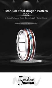 Macro shot of titanium steel ring featuring inlaid dragon patterns and colorful shell texture
