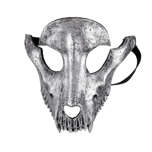 Detail of silver sheep skull Halloween mask with vintage metallic texture and strap