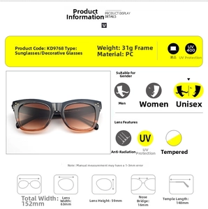 Detailed size specifications for KD9768 oversized sunglasses with UV400 protection stats