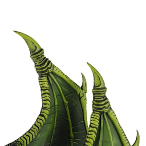 Close-up of green dragon wings showing realistic skin texture and skeletal structure