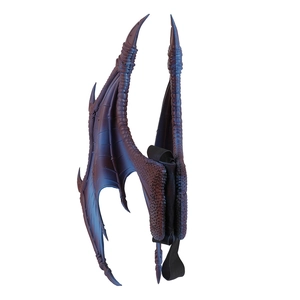 Detail of purple and blue dragon wings with scaly texture and black elastic straps