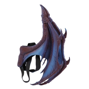 Detail of purple-blue gradient dragon wings with scale texture and elastic strap