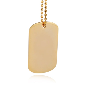 Polished gold rectangular dog tag pendant with beaded ball chain on white background