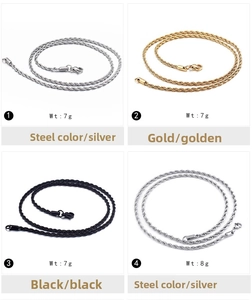 Detailed comparison of stainless steel rope chains in silver, golden, and black finishes