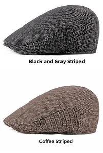 Detail of retro herringbone wool newsboy caps in black grey and coffee brown colors