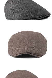 Multi-angle views of grey and brown herringbone pattern men's flat caps in high detail