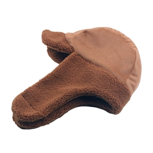 Brown fleece winter trapper hat with warm ear flaps and faux lamb wool lining for women