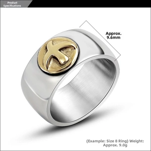 Macro detail of men's titanium steel ring featuring gold bird relief and 9.6mm band width