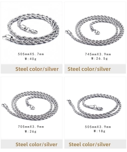 Detailed size comparison chart for stainless steel twist chains showing length and width