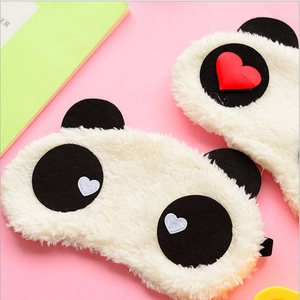 Cute panda plush sleep mask with 3D red heart decoration for restful travel and home use