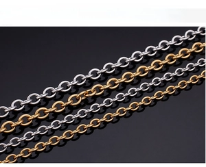 Close-up of polished gold and silver O-chain necklaces in parallel arrangement