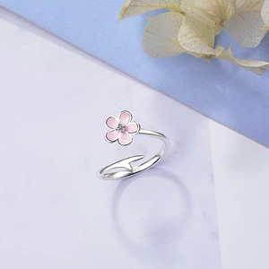 Elegant S925 silver open ring featuring a pink flower with a small sparkling diamond