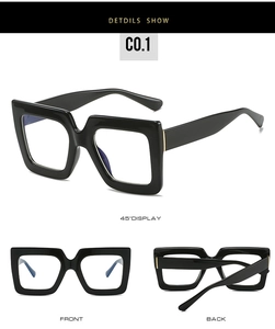 Three-way view of thick square black frame glasses with gold metal accents
