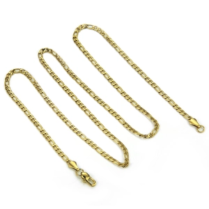 Three gold stainless steel Figaro link necklaces with lobster clasps on white background