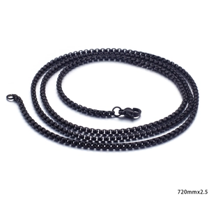 Unisex black stainless steel square pearl necklace displayed in a coiled position, 720mm